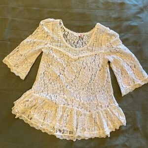 MiIn Cream White Sheer Floral Lace Peplum Top 3/4 Bell Sleeve‎ S Boho Romantic